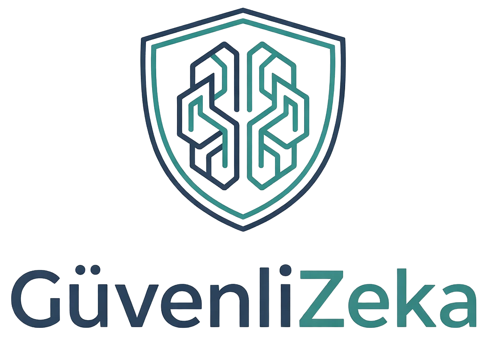 GüvenliZeka markasının, içinde devre desenleri bulunan stilize bir beyin ve onu koruyan bir kalkan ambleminden oluşan lacivert ve turkuaz renkli resmi logosu.