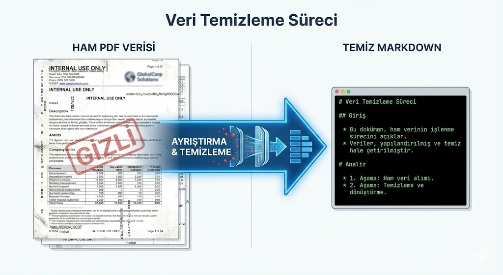 RAG sistemleri için ham PDF verisinin temizlenmesi. Header, footer ve bozuk tabloların yapılandırılmış Markdown formatına dönüştürülmesi.
