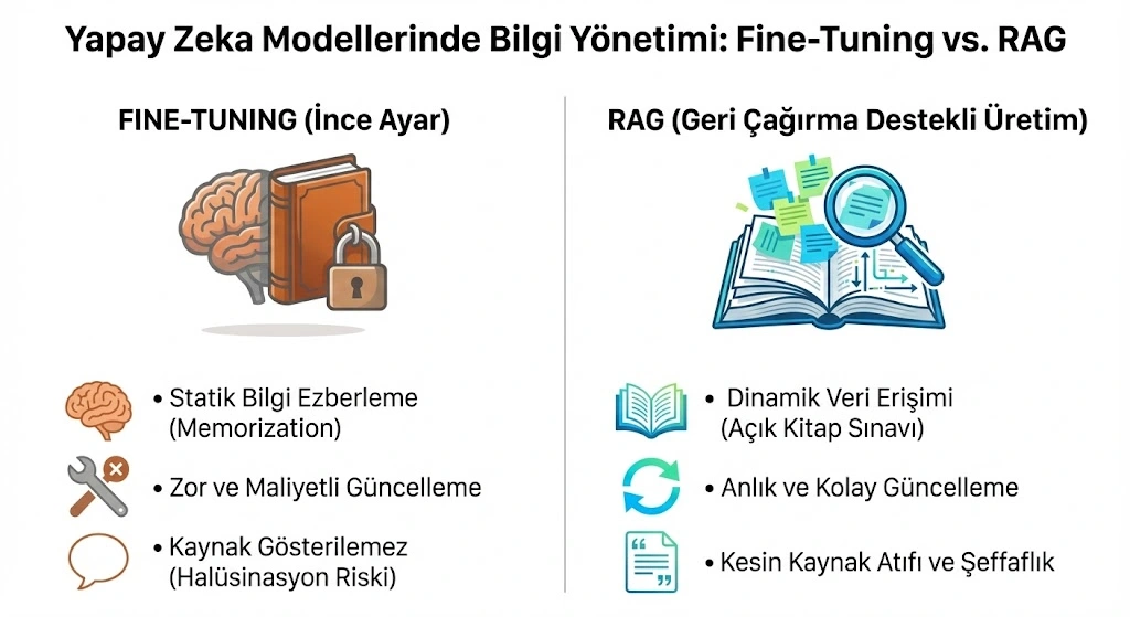 RAG (Retrieval-Augmented Generation) ile Fine-Tuning yöntemlerinin maliyet, güncellenebilirlik ve doğruluk açısından karşılaştırma tablosu.