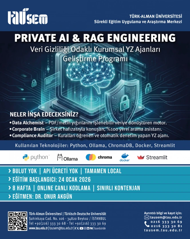 Türk-Alman Üniversitesi (TAÜ-SEM) Private AI ve RAG Engineering eğitimi afişi; Dr. Onur Akgün yönetiminde Python, Ollama, ChromaDB ve Docker ile veri gizliliği odaklı kurumsal yapay zeka ajanları geliştirme programı detayları.