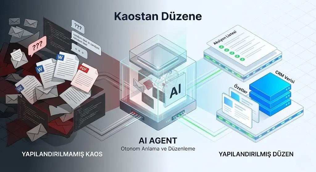 Karmaşık e-posta ve dokümanları (belirsiz girdi) işleyerek yapısal JSON ve rapor formatına (düzenli çıktı) dönüştüren Yapay Zeka Ajanı (AI Agent) şeması.