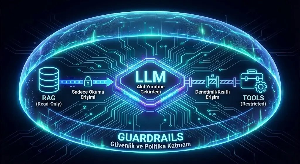 Merkezde LLM, sol tarafta Salt Okunur RAG, sağ tarafta kısıtlı araçlar (Tools) ve çevresinde teknik güvenlik bariyerleri (Guardrails) bulunan güvenli Agent mimarisi şeması.