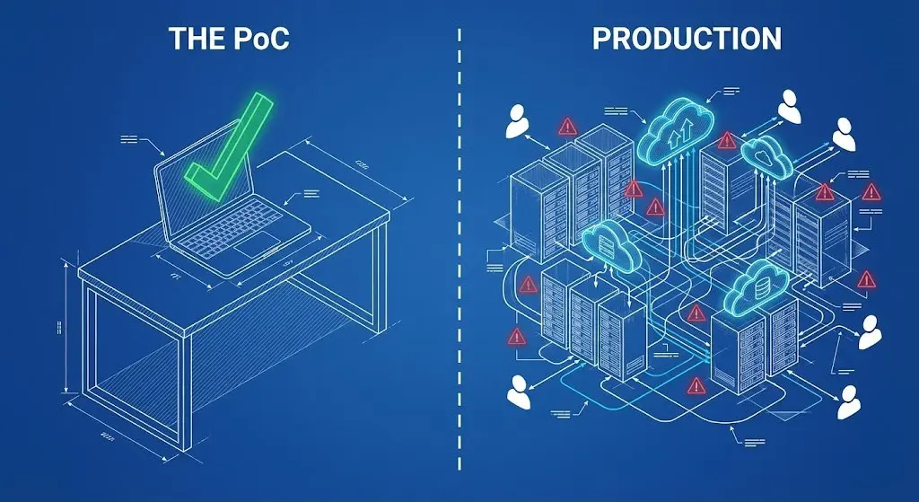Ekranın solunda basit bir laptop (PoC aşaması), sağında ise karmaşık sunucu odaları ve veri akışları (Production aşaması) bulunan, Local LLM projelerindeki operasyonel uçurumu gösteren teknik kıyaslama şeması.