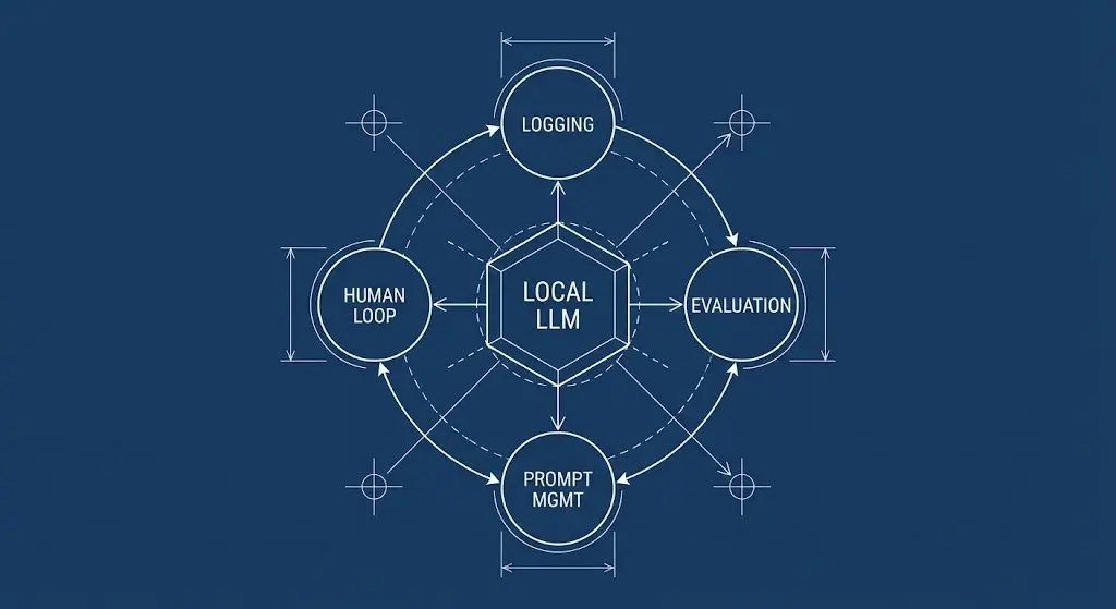 Merkezde Local LLM çekirdeği bulunan; etrafında Loglama (Logging), Ölçümleme (Evaluation), Prompt Yönetimi ve İnsan Onayı (Human-in-the-loop) modüllerinin yörünge şeklinde döndüğü mimari şema.