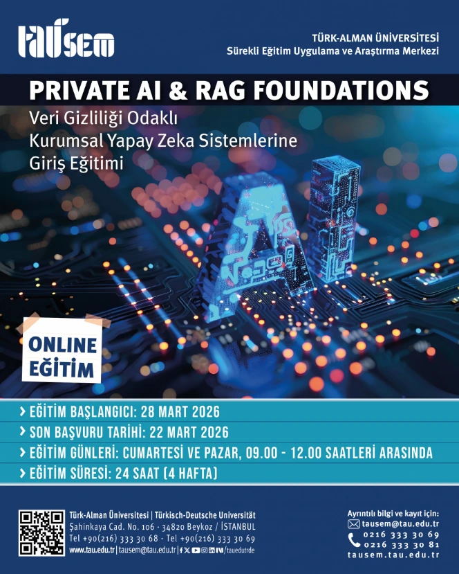 Dr. Onur Akgün tarafından Türk-Alman Üniversitesi bünyesinde verilen 4 haftalık Private AI ve RAG eğitimi resmi afişi.