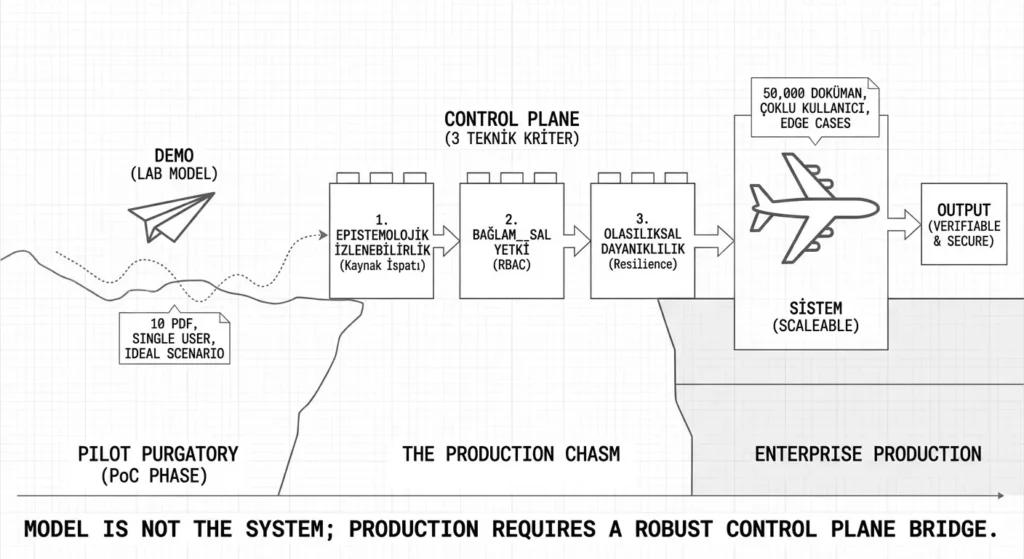 Yapay zeka projelerinin pilot mezarlığından çıkıp canlı ortama (production) geçmesi için gereken 3 teknik kriteri (izlenebilirlik, yetki, dayanıklılık) gösteren köprü diyagramı.